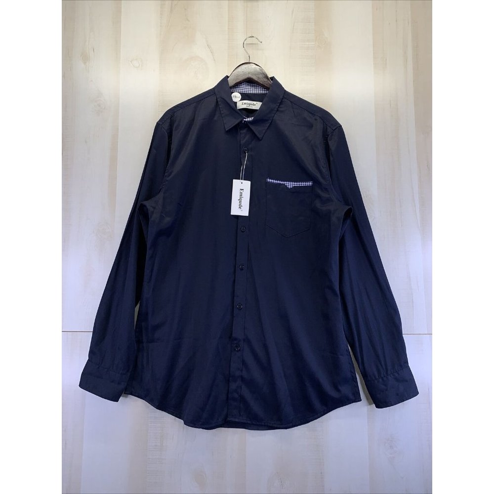 Emiqude Mens Navy Blue Slim Fit Dress Shirt Size XL NWT-7598